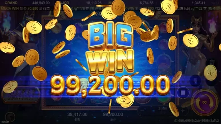 戰神賽特老虎機遊戲中獎畫面顯示BIG WIN獎金達99,200金幣