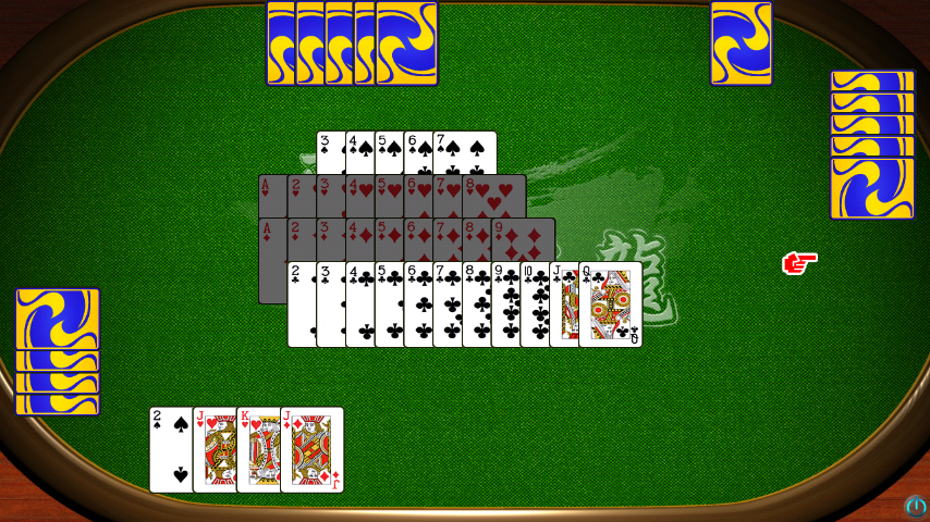 排七撲克牌遊戲進行中畫面｜中央牌池展開牌序與玩家手牌配置