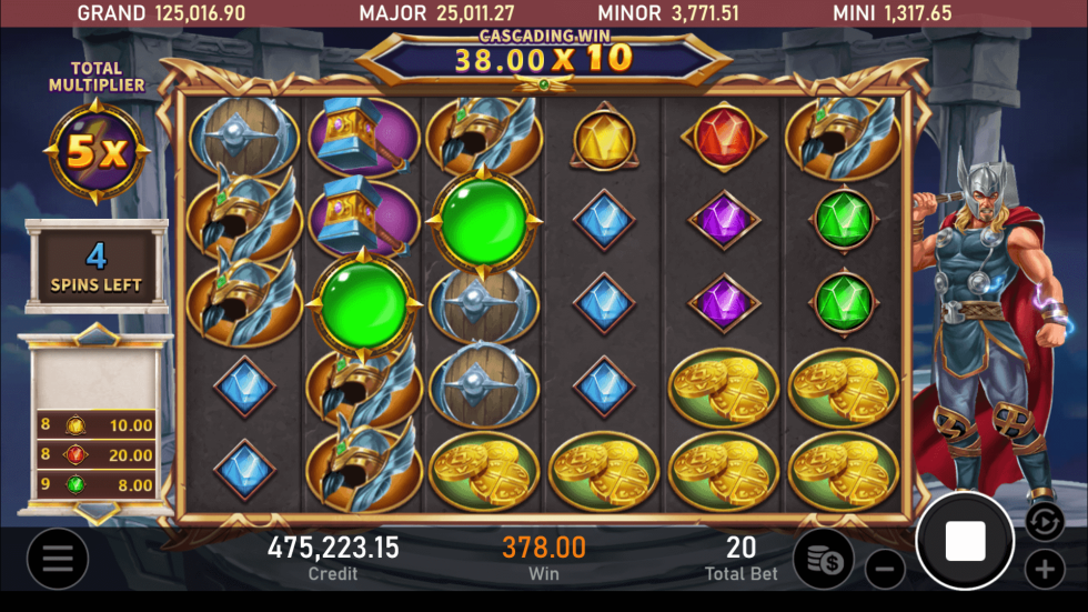 雷神之槌老虎機遊戲畫面，展示雷神角色與遊戲標題